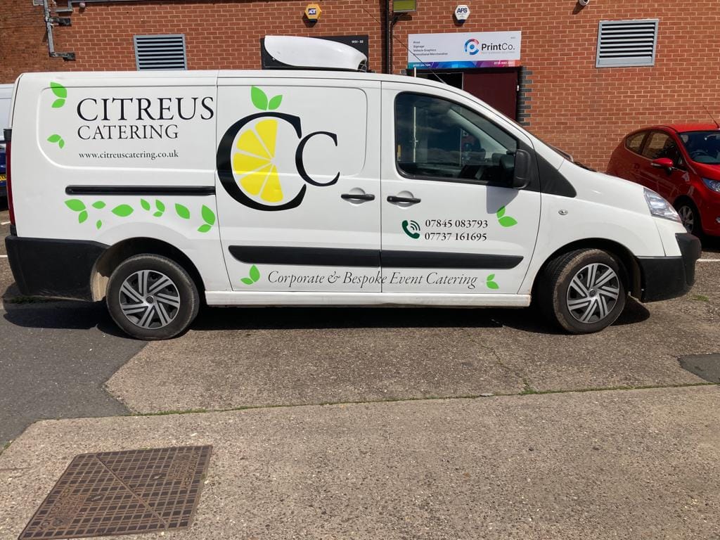 Photo of white van with bespoke graphics for Citreus Catering