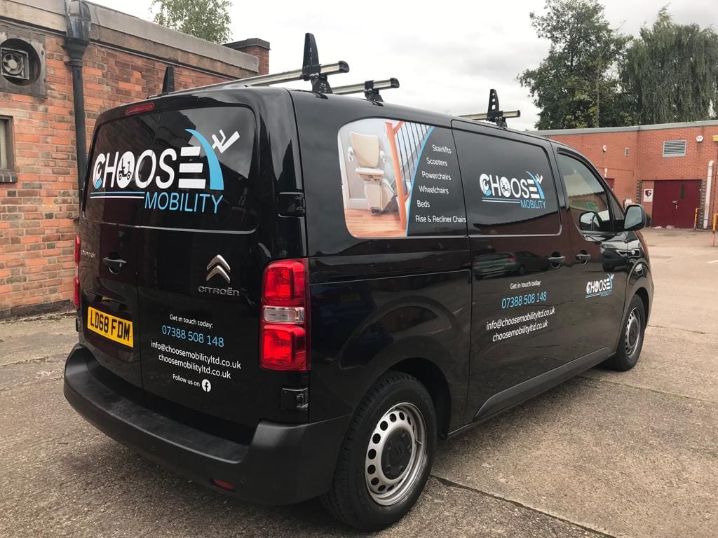 Black van with custom graphics for Choose Mobility from Print Co Nottingham