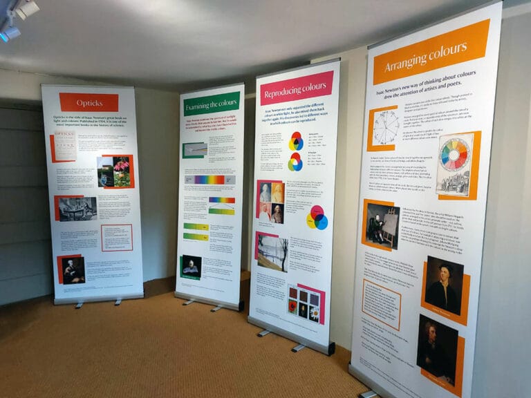 four pull up roller banners at National Trust Property Woolsthorpe Manor
